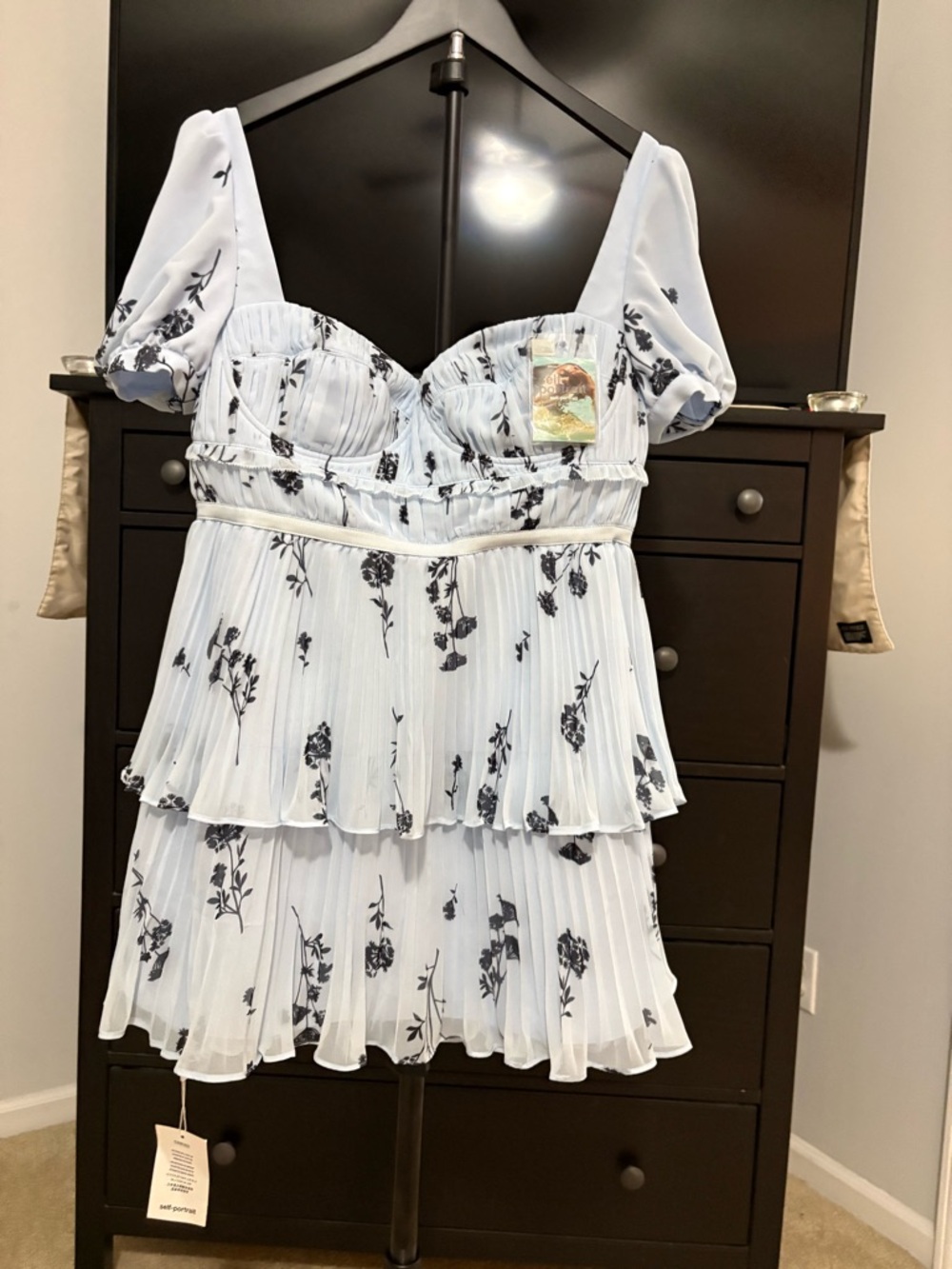 Self-Portrait Light Blue Floral Chiffon Mini Dress